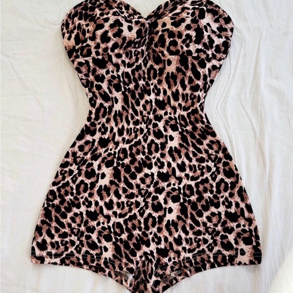 SHEIN Pants - SHEIN Pink and Black Leopard Print Strapless Romper